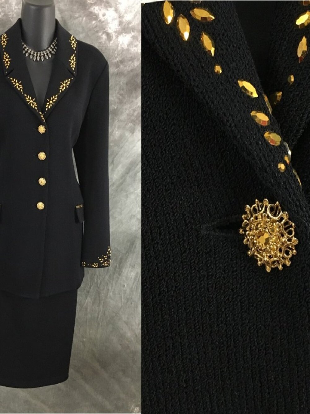 BEAUTIFUL st john evening knit black rhinestones embellished skirt suit size 8